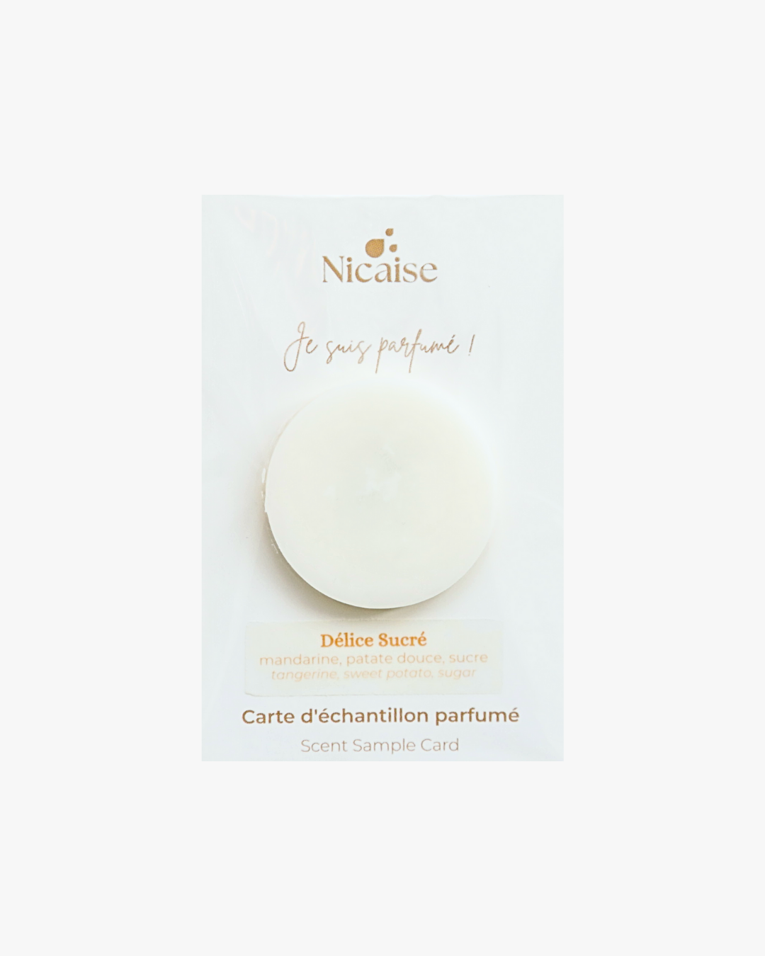 Carte échantillon Nicaise Délice Sucré (3g) avec fondant parfumé en cire – notes mandarine, patate douce, sucre