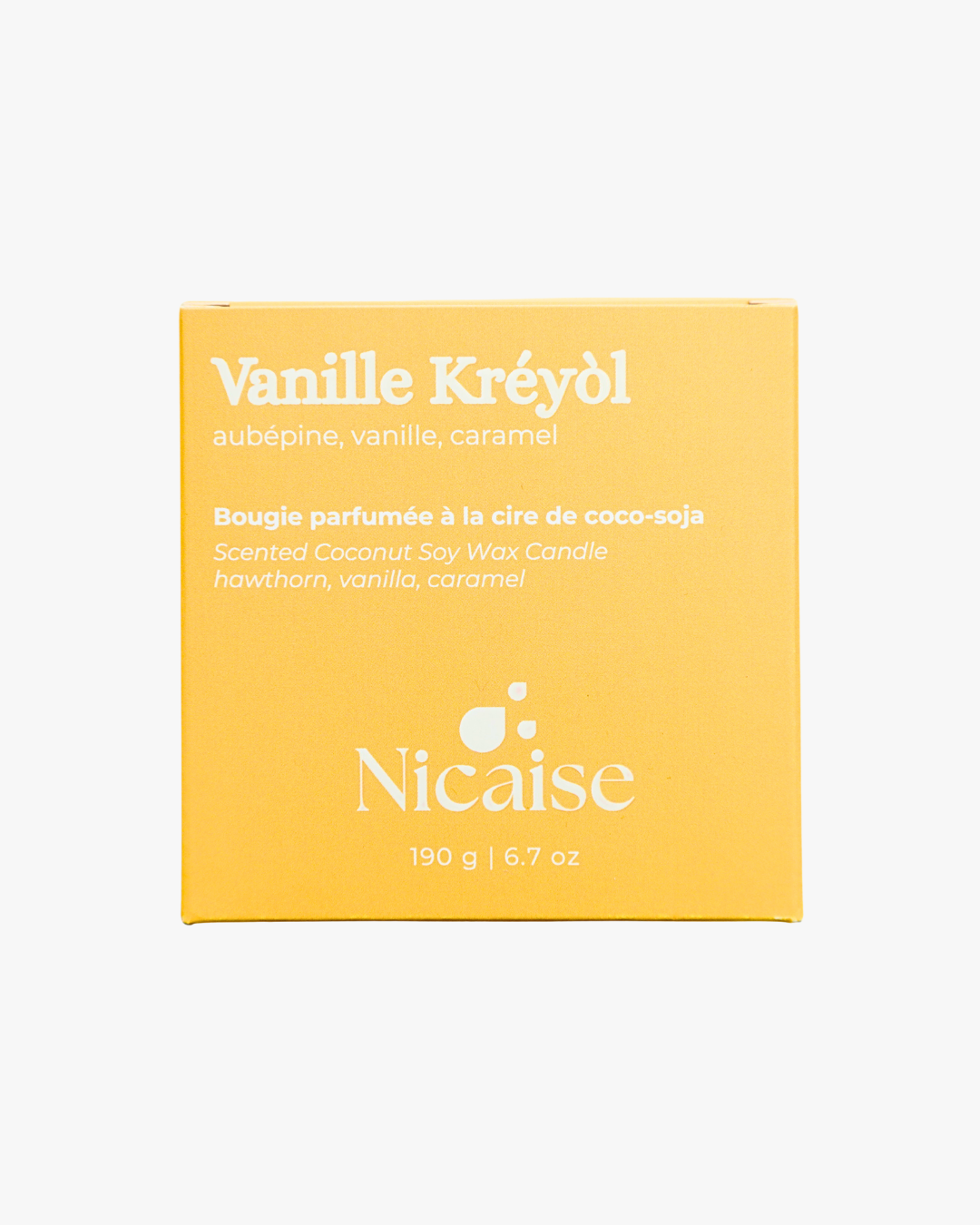 Boîte de la bougie parfumée Nicaise Vanille Kréyòl – aubépine, vanille, caramel (190 g).