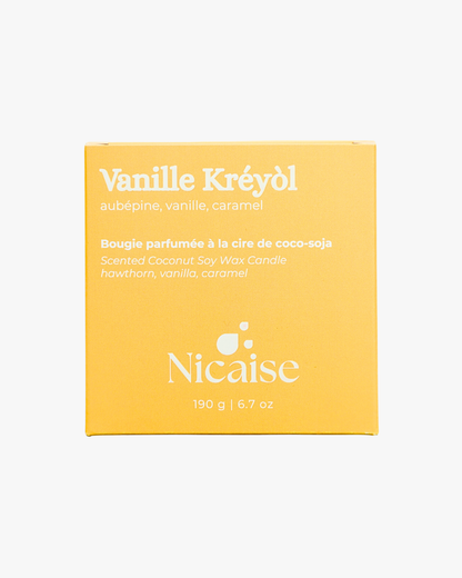 Boîte de la bougie parfumée Nicaise Vanille Kréyòl – aubépine, vanille, caramel (190 g).
