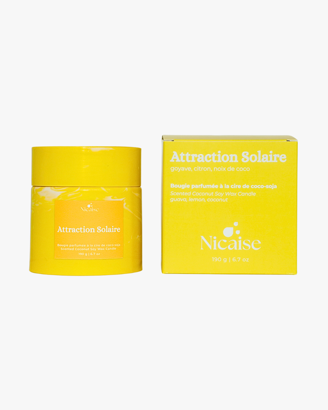 Bougie parfumée Nicaise « Attraction Solaire » en pot avec couvercle et sa boîte d’emballage, 190 g, sur fond blanc.