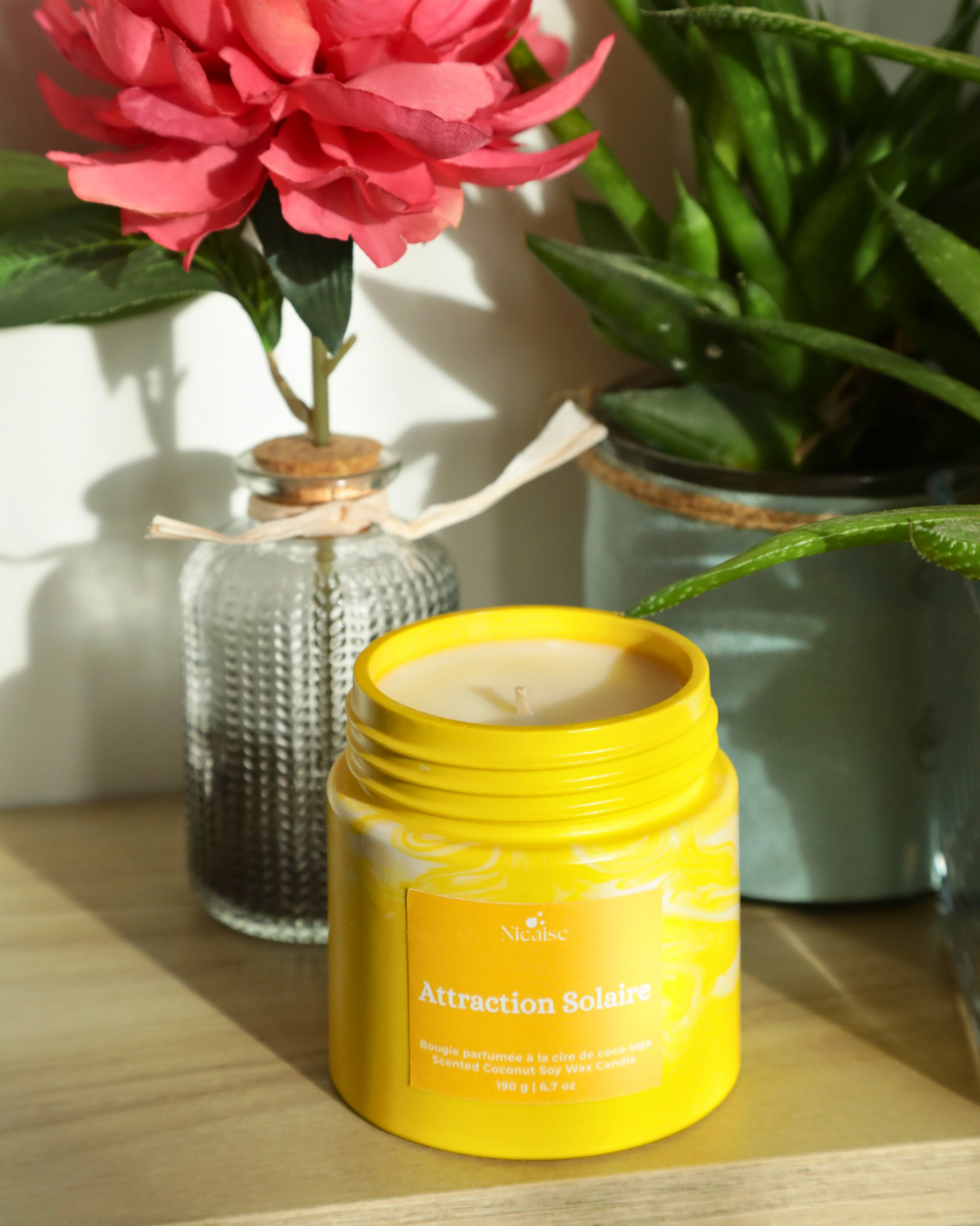 Bougie parfumée Nicaise « Attraction Solaire » en pot jaune marbré, posée sur une étagère avec aloe vera.