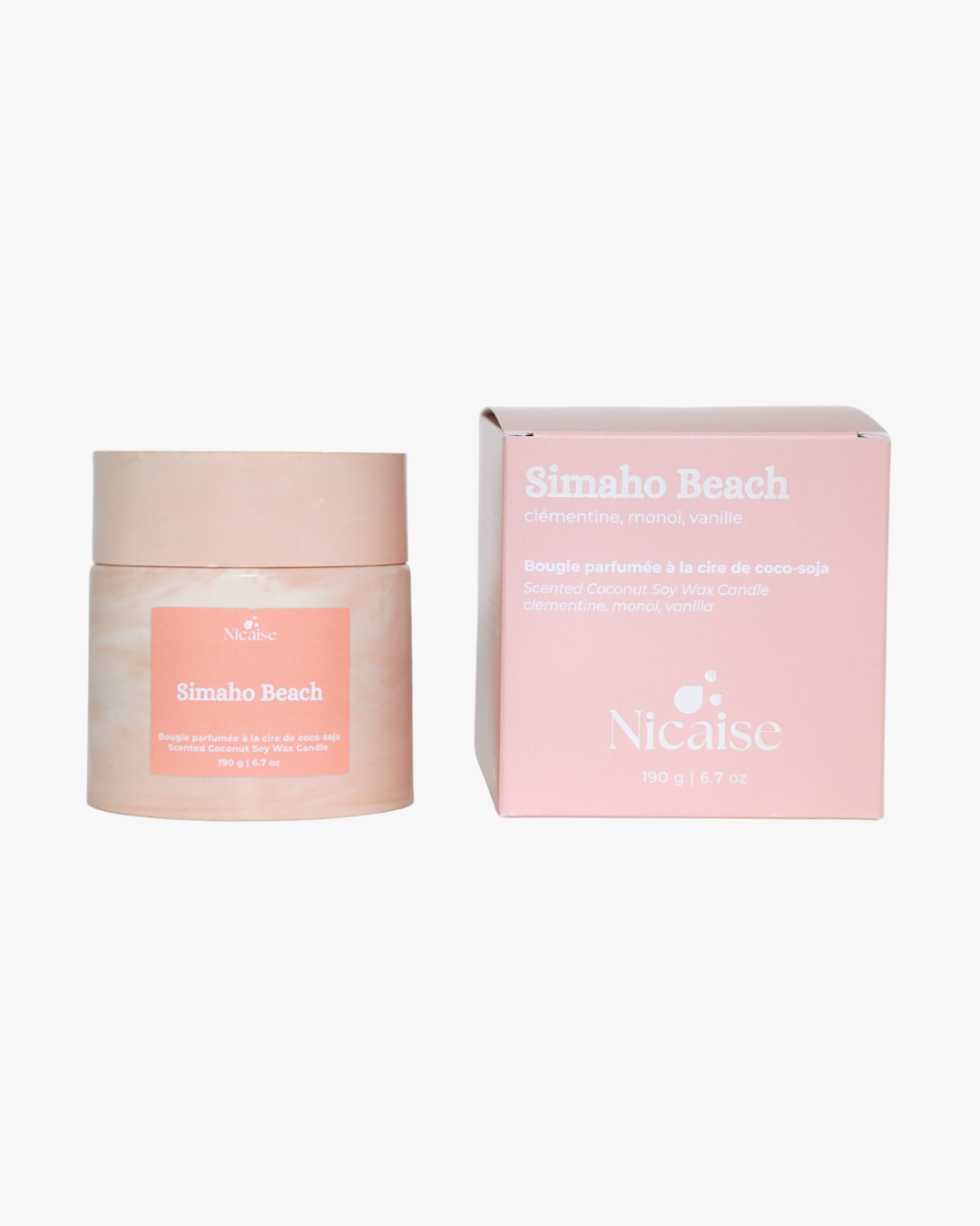 Bougie parfumée Nicaise « Simaho Beach » en pot avec couvercle et sa boîte d’emballage, 190 g, sur fond blanc.