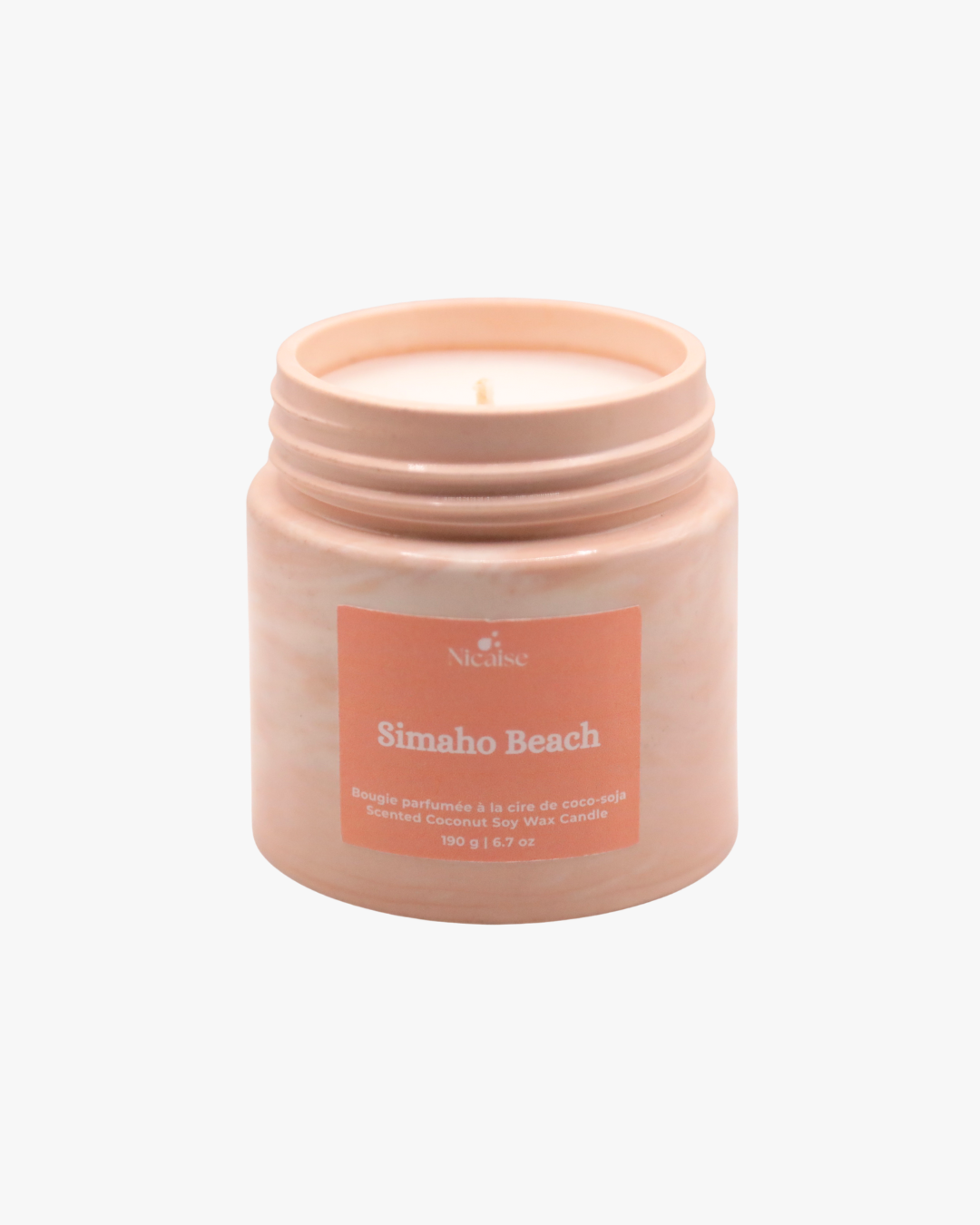 Bougie parfumée Nicaise « Simaho Beach » en pot rose marbré, 190 g, sur fond blanc.