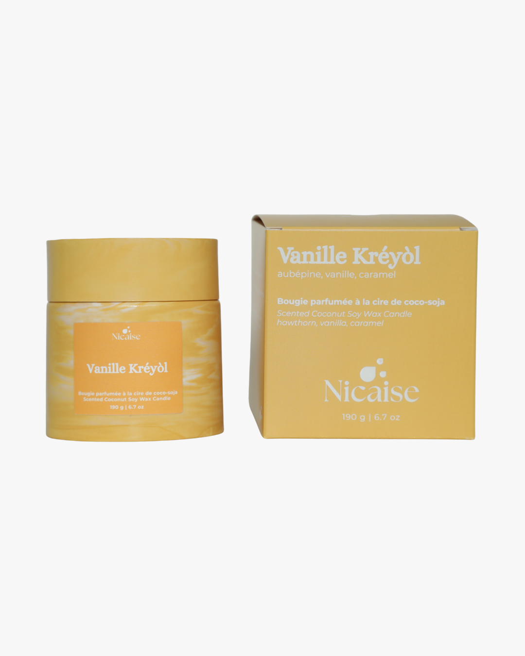 Bougie parfumée Nicaise « Vanille Kréyòl » en pot avec couvercle et sa boîte d’emballage, 190 g, sur fond blanc.