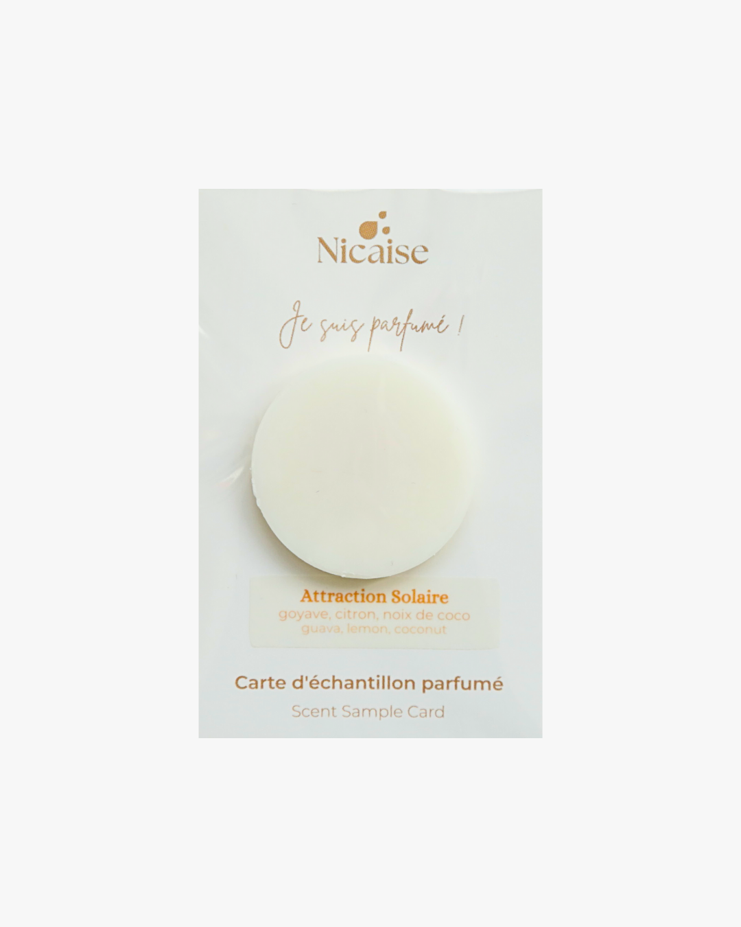 Carte échantillon Nicaise Attraction Solaire (3g) avec fondant parfumé en cire – notes goyave, citron, noix de coco