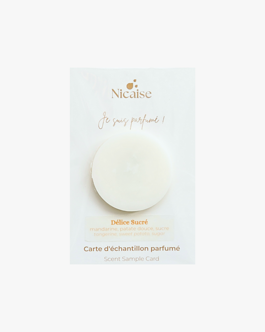 Carte échantillon Nicaise Délice Sucré (3g) avec fondant parfumé en cire – notes mandarine, patate douce, sucre