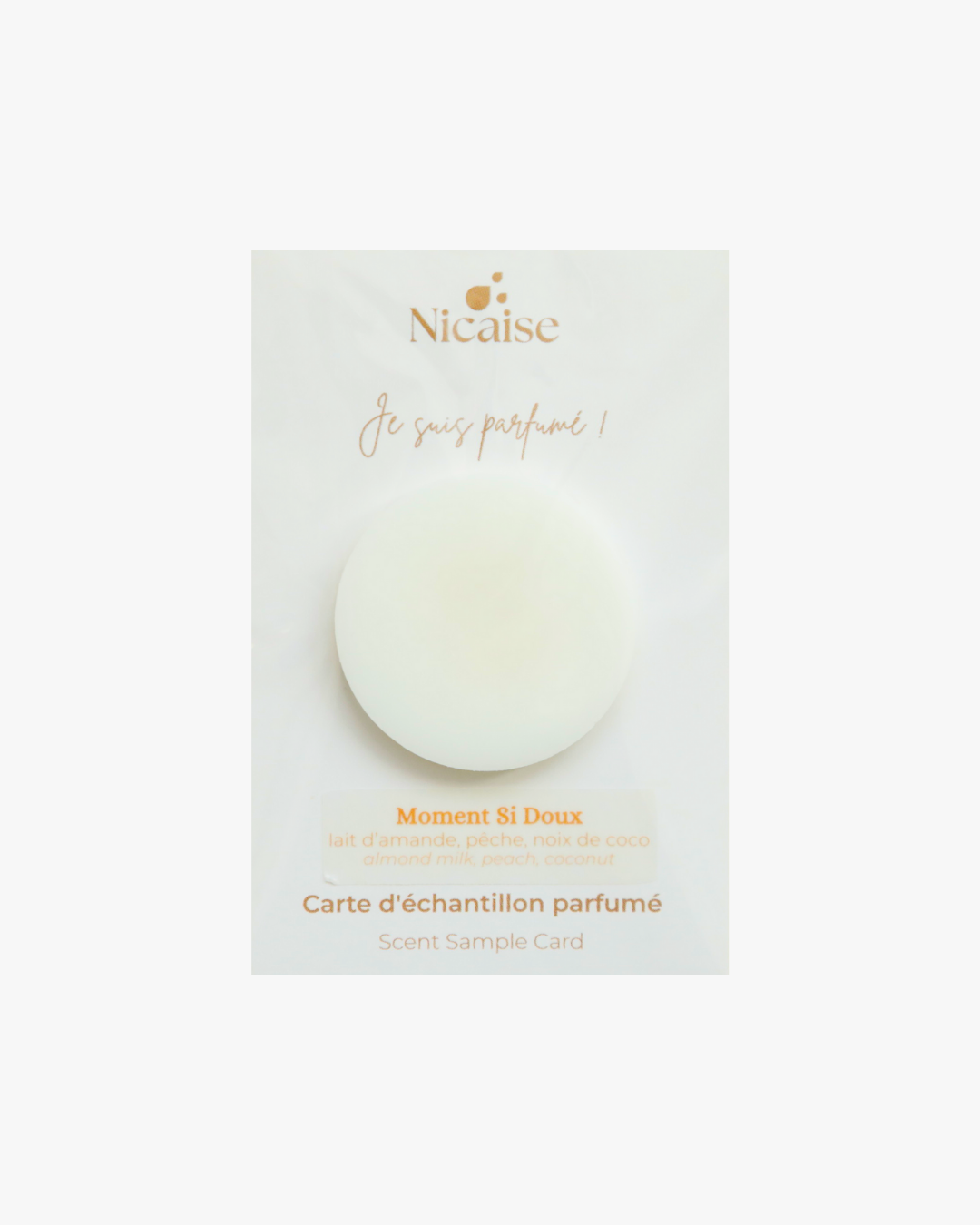 Carte échantillon Nicaise Moment Si Doux (3g) avec fondant parfumé en cire – notes lait d'amande, pêche, noix de coco
