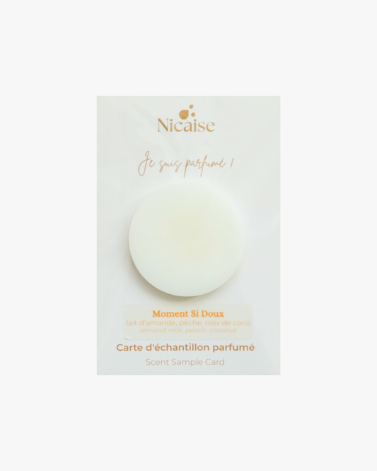 Carte échantillon Nicaise Moment Si Doux (3g) avec fondant parfumé en cire – notes lait d'amande, pêche, noix de coco
