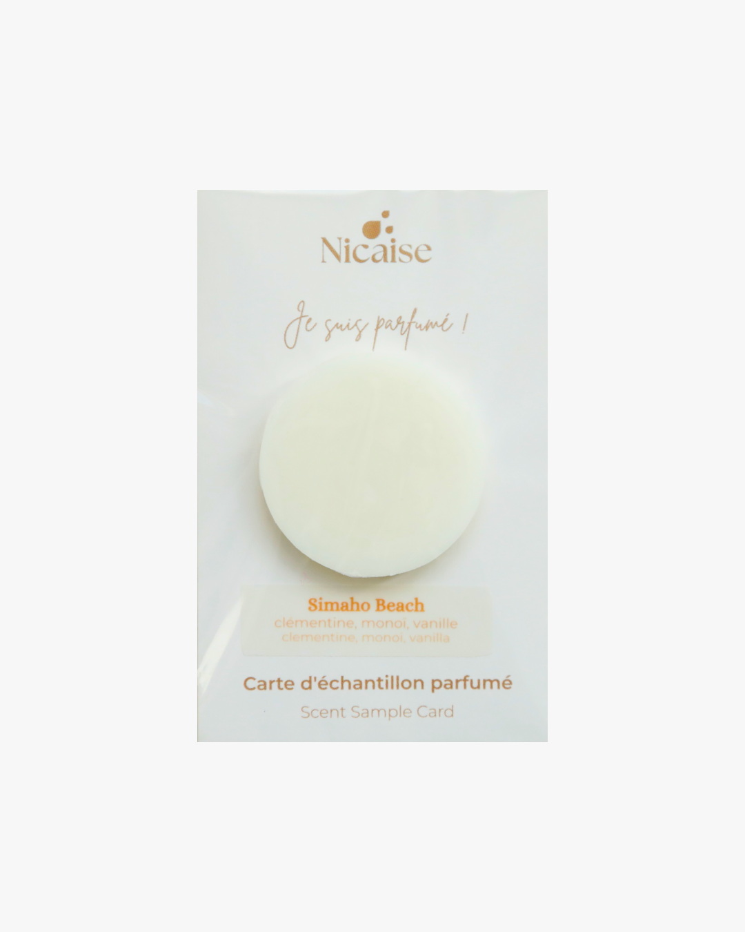 Carte échantillon Nicaise Simaho Beach (3g) avec fondant parfumé en cire – notes clémentine, monoï, vanille