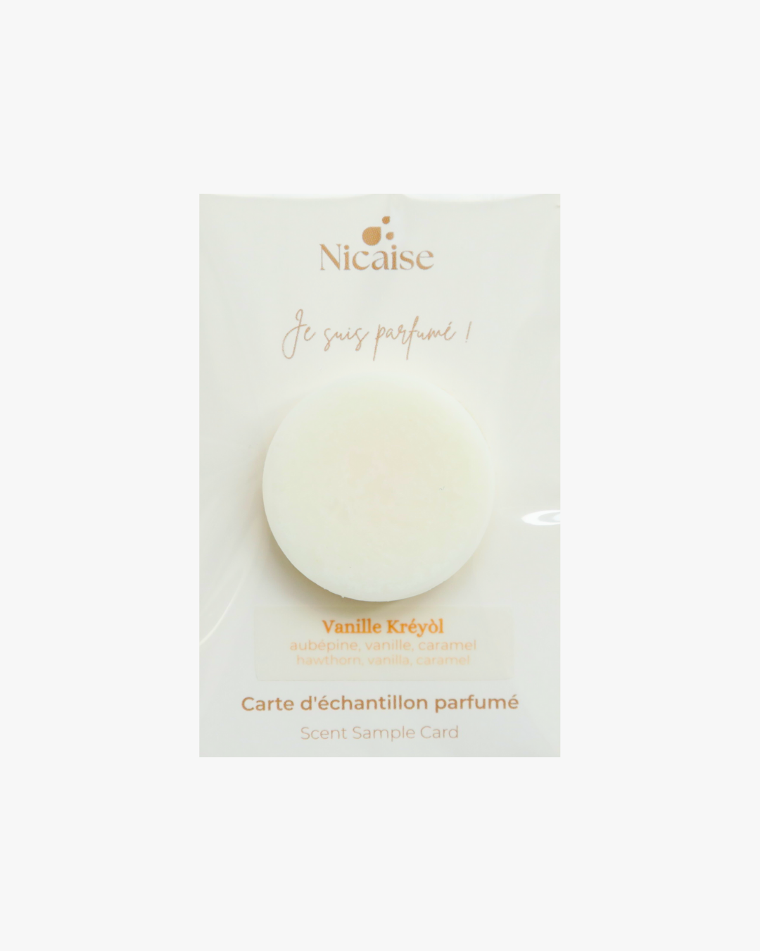 Carte échantillon Nicaise Vanille Kréyòl (3g) avec fondant parfumé en cire – notes aubéoine, vanille, caramel
