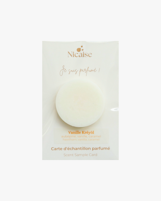 Carte échantillon Nicaise Vanille Kréyòl (3g) avec fondant parfumé en cire – notes aubéoine, vanille, caramel